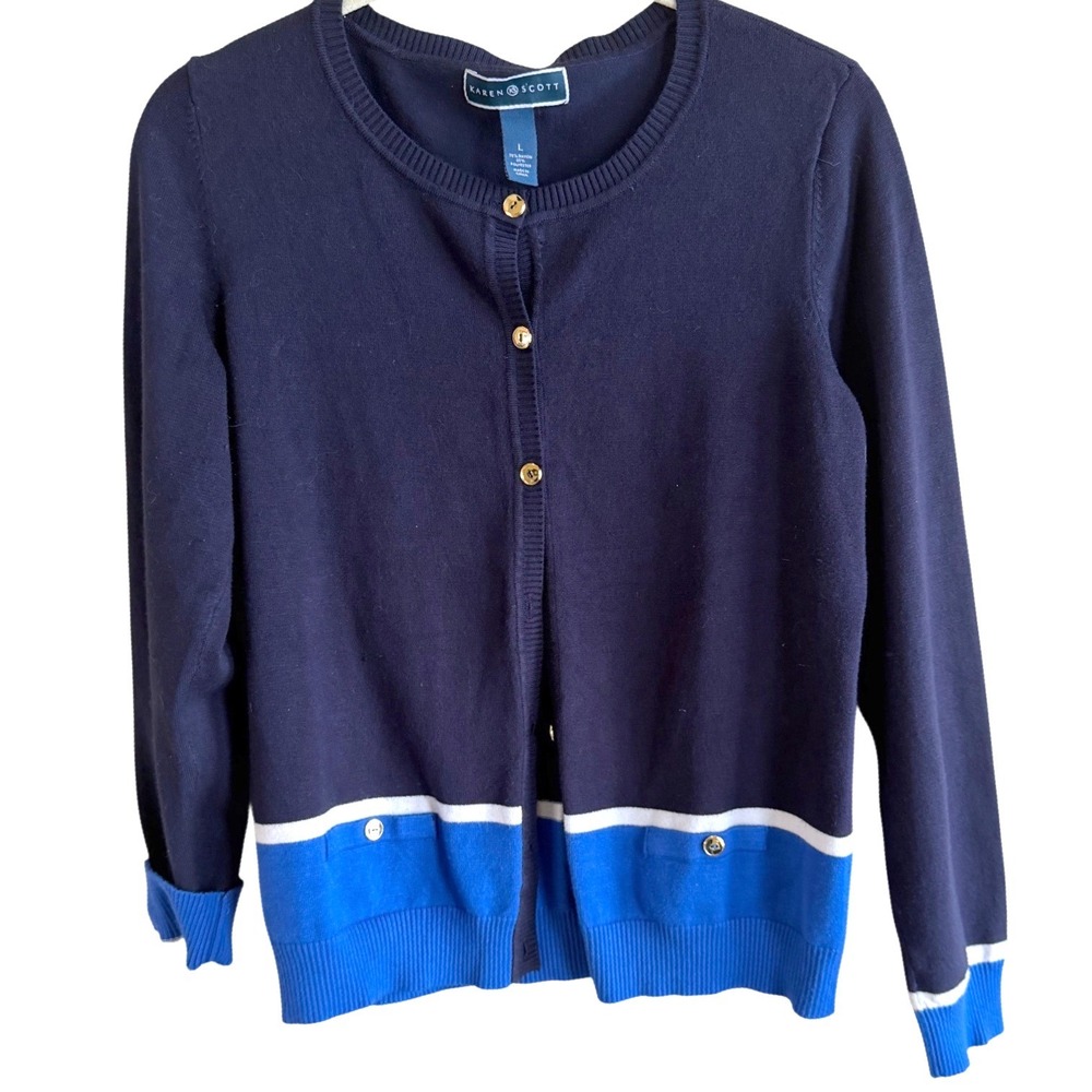 Karen Scott Navy Blue Colorblock Button Front Cardigan Gold Buttons L preppy